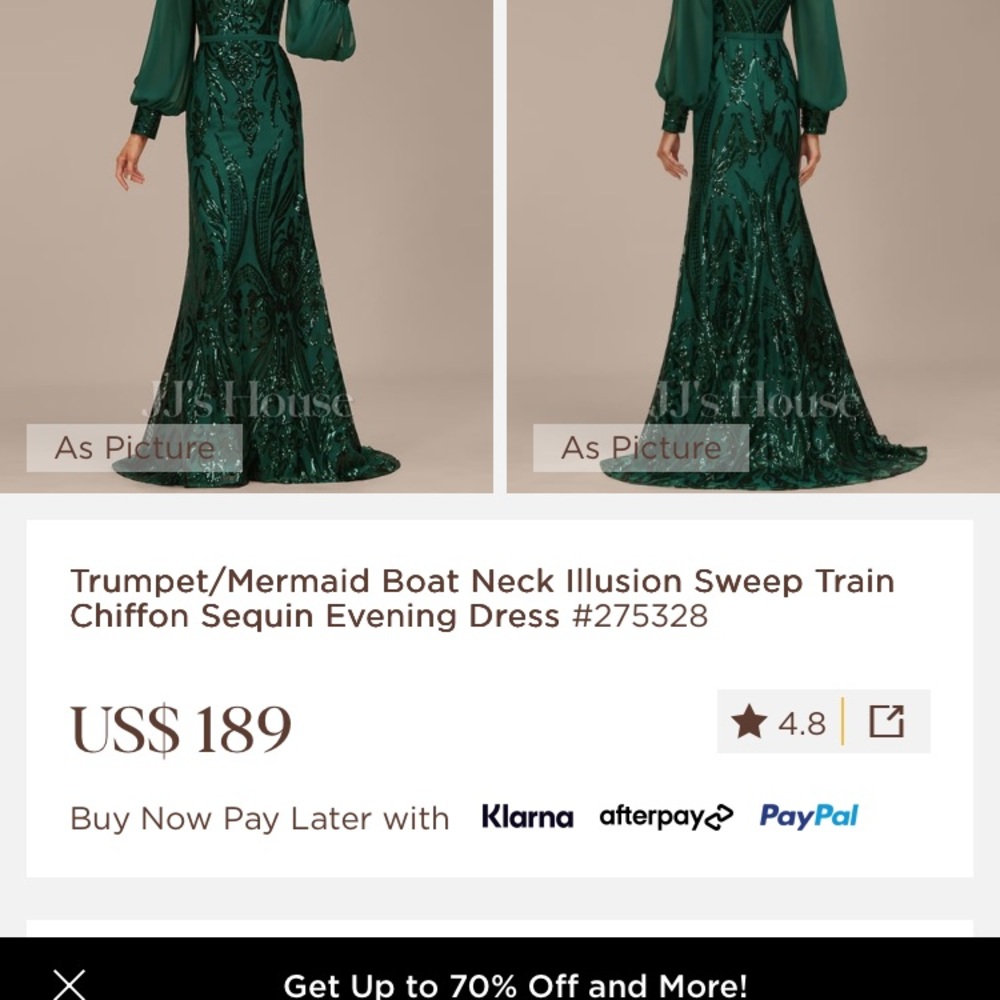 JJs House Green Bateau Neck Bishop Sleeve Gown